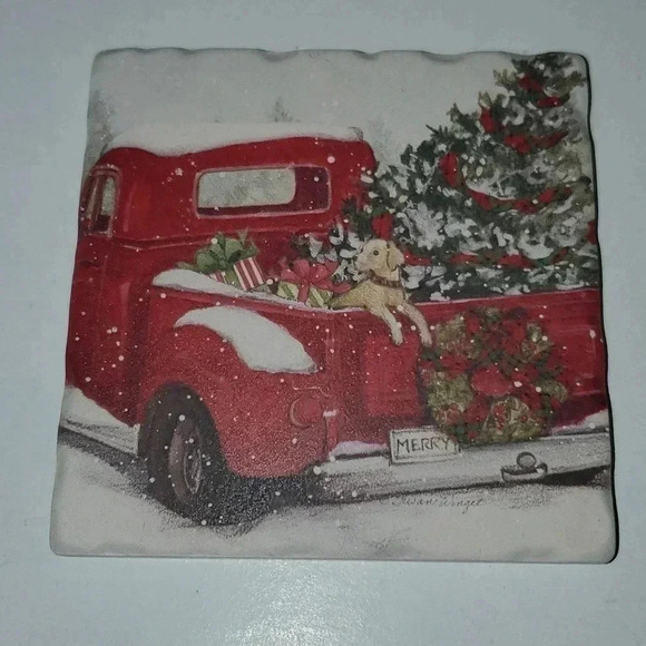 Red Truck and Dog Rustic Christmas Coasters Set of 4 NWT - Picture 2 of 6